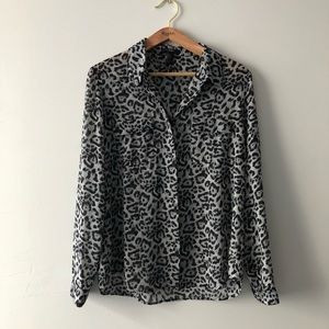 Grey, leopard print blouse.